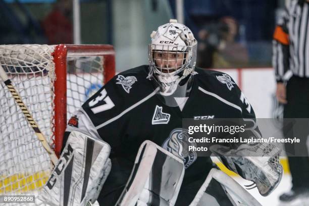 Tristan Berube of the Gatineau Olympiques guards his net against the Saint John Sea Dogs on December 1, 2017 at Robert Guertin Arena in Gatineau,...