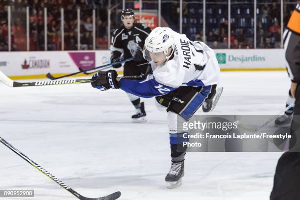 Daniel Hardie of the Saint John Sea Dogs fires a shot against the Gatineau Olympiques on December 1, 2017 at Robert Guertin Arena in Gatineau,...