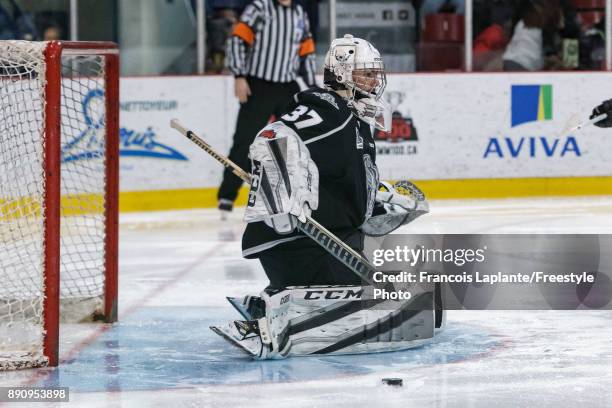 Tristan Berube of the Gatineau Olympiques makes a save against the Saint John Sea Dogs on December 1, 2017 at Robert Guertin Arena in Gatineau,...