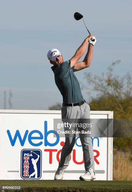 Sam Burns plays a tee shot on the second hole during the final round of the Web.com Tour Qualifying Tournament at Whirlwind Golf Club on the Cattail...