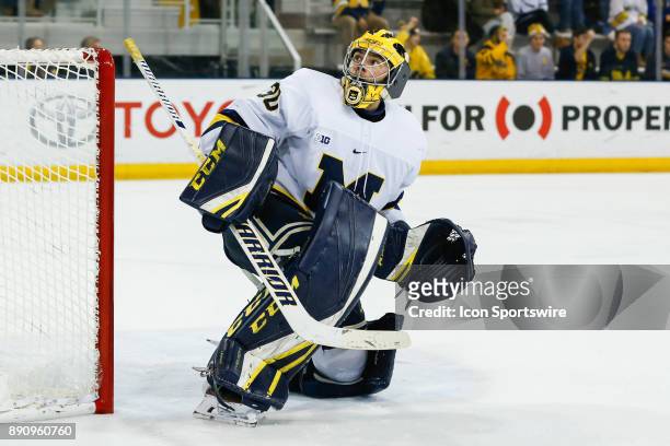 Michigan Wolverines goalie Hayden Lavigne watches the puck fly into the air during a regular season Big 10 Conference hockey game between the...