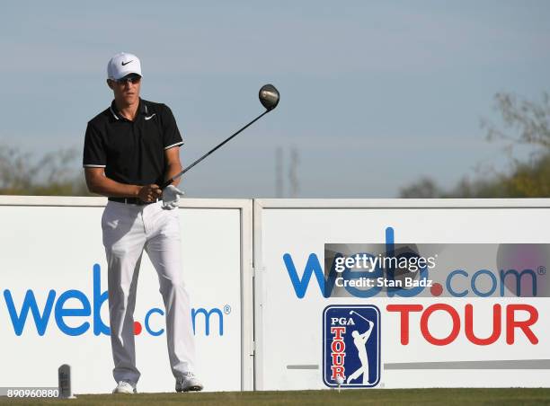 Cameron Champ plays a tee shot on the second hole during the final round of the Web.com Tour Qualifying Tournament at Whirlwind Golf Club on the...