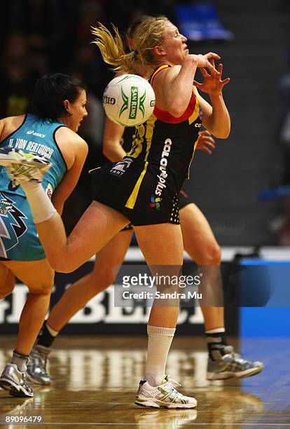 Laura Langman of the Magic loses the ball during the ANZ Championships Preliminary Final match between the Waikato Bay of Plenty Magic and the...