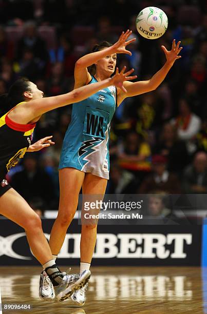 Emily Beaton of the Thunderbirds passes the ball during the ANZ Championships Preliminary Final match between the Waikato Bay of Plenty Magic and the...