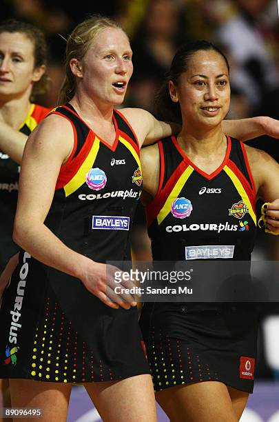 Laura Langman and Frances Solia of the Magic warm down after their loss in the ANZ Championships Preliminary Final match between the Waikato Bay of...