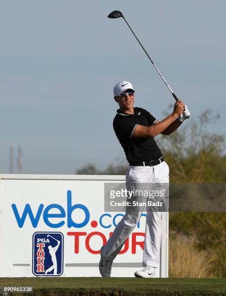 Cameron Champ plays a tee shot on the second hole during the final round of the Web.com Tour Qualifying Tournament at Whirlwind Golf Club on the...