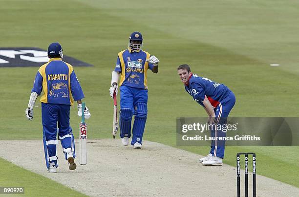 An worried James Kirtley of England as Sri Lankans clock up the runs during the match between England and Sri Lanka in the NatWest One Day Series at...