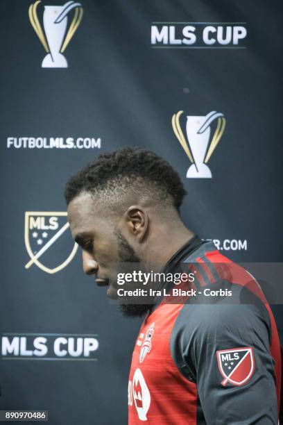 Jozy Altidore of Toronto FC accepts the most valuable player of the match trophy after the 2017 Audi MLS Championship Cup match between Toronto FC...