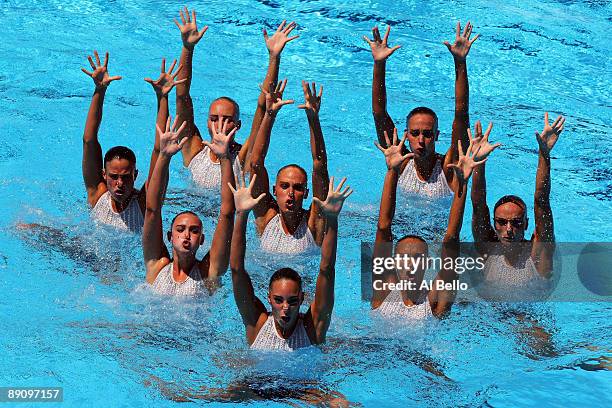 Team Canada compete in the Womens Synchronised Swimming Team Technical Final at the Stadio del Nuoto Sincronizzato on July 19, 2009 in Rome, Italy.