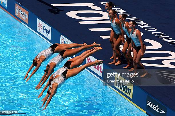 Team Canada compete in the Womens Synchronised Swimming Team Technical Final at the Stadio del Nuoto Sincronizzato on July 19, 2009 in Rome, Italy.