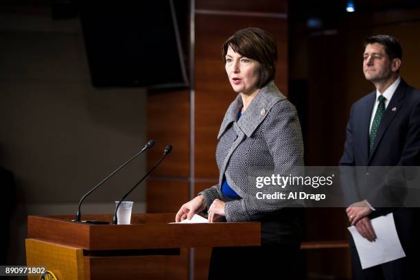 Rep. Cathy McMorris Rodgers , speaks in front of U.S. Speaker of the House Paul Ryan during a news conference on Capitol Hill December 12, 2017 in...