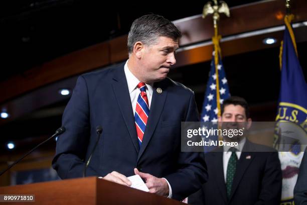 Rep. Darin LaHood speaks beside U.S. Speaker of the House Paul Ryan during a news conference on Capitol Hill December 12, 2017 in Washington, DC....