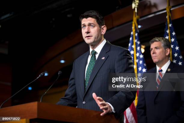 Speaker of the House Paul Ryan speaks beside Rep. Darin LaHood during a news conference on Capitol Hill December 12, 2017 in Washington, DC. Speaker...