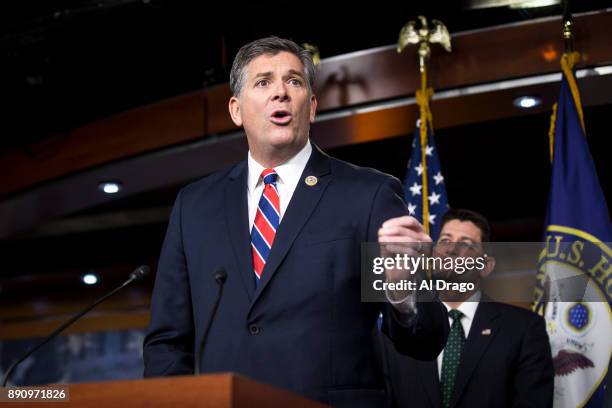 Rep. Darin LaHood speaks beside U.S. Speaker of the House Paul Ryan during a news conference on Capitol Hill December 12, 2017 in Washington, DC....