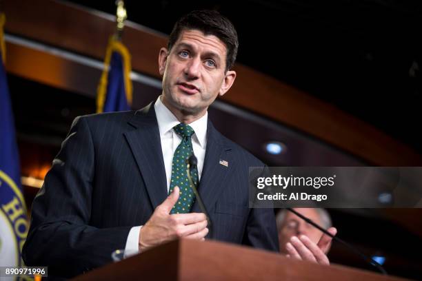 Speaker of the House Paul Ryan speaks during a news conference on Capitol Hill December 12, 2017 in Washington, DC. Speaker Ryan spoke about progress...