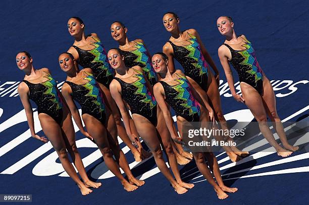 Team USA compete in the Womens Synchronised Swimming Team Technical Final at the Stadio del Nuoto Sincronizzato on July 19, 2009 in Rome, Italy.