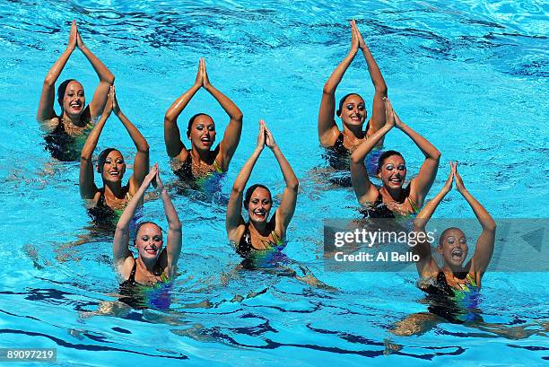 Team USA compete in the Womens Synchronised Swimming Team Technical Final at the Stadio del Nuoto Sincronizzato on July 19, 2009 in Rome, Italy.