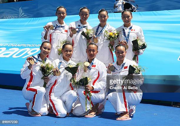 Team China celebrate winning Bronze after the Womens Synchronised Swimming Team Technical Final at the Stadio del Nuoto Sincronizzato on July 19,...