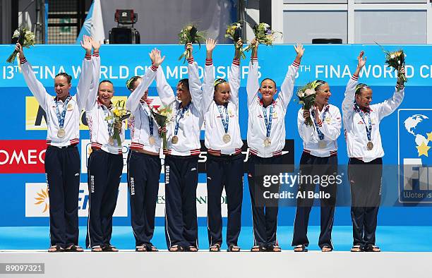 Team Russia celebrate winning Gold after the Womens Synchronised Swimming Team Technical Final at the Stadio del Nuoto Sincronizzato on July 19, 2009...