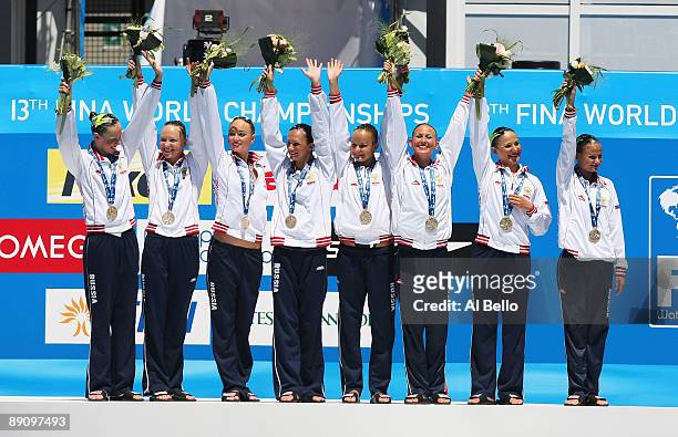 Team Russia celebrate winning Gold after the Womens Synchronised Swimming Team Technical Final at the Stadio del Nuoto Sincronizzato on July 19, 2009...