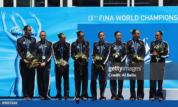 Team Spain celebrate winning Silver after the Womens Synchronised Swimming Team Technical Final at the Stadio del Nuoto Sincronizzato on July 19,...