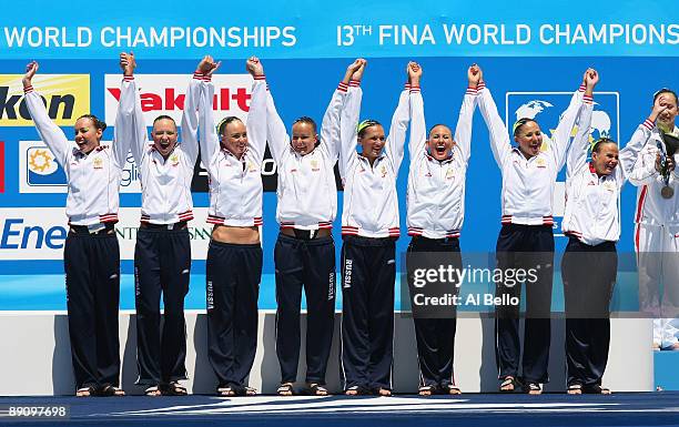 Team Russia celebrate winning Gold after the Womens Synchronised Swimming Team Technical Final at the Stadio del Nuoto Sincronizzato on July 19, 2009...