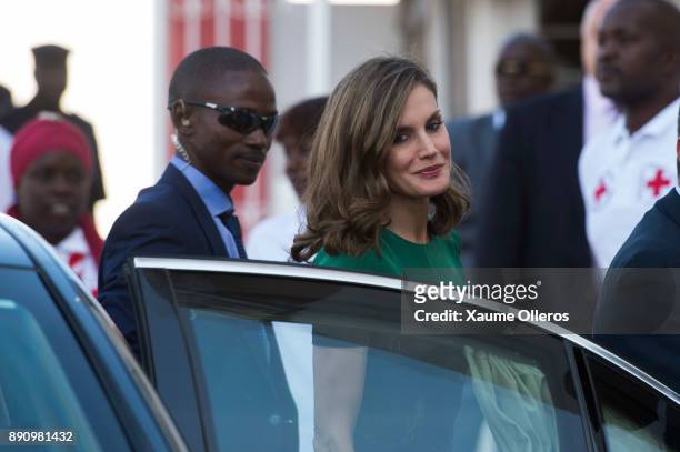 Queen Letizia of Spain arrives to the Senegalese Red Cross office with first lady of Senegal Marieme Faye Sall on December 12, 2017 in Dakar,...