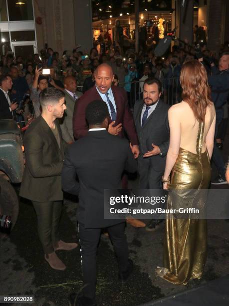 Nick Jonas, Kevin Hart, Dwayne Johnson, Karen Gillan and Jack Black are seen attending the premiere of Columbia Pictures' 'Jumanji: Welcome To The...