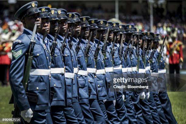 Members of Kenya's Air Force march in formation during the independence celebrations on Jamhuri Day at Kasarani stadium in Nairobi, Kenya, on...