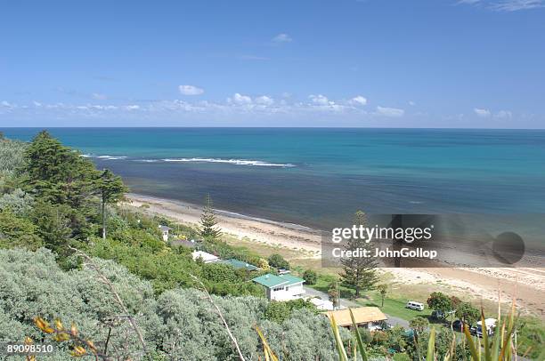 makorori beach, gisborne, nueva zelanda - new zealand beach house fotografías e imágenes de stock