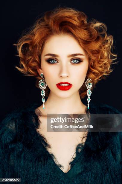 beautiful woman with stylish hairstyle - auburn stock pictures, royalty-free photos & images