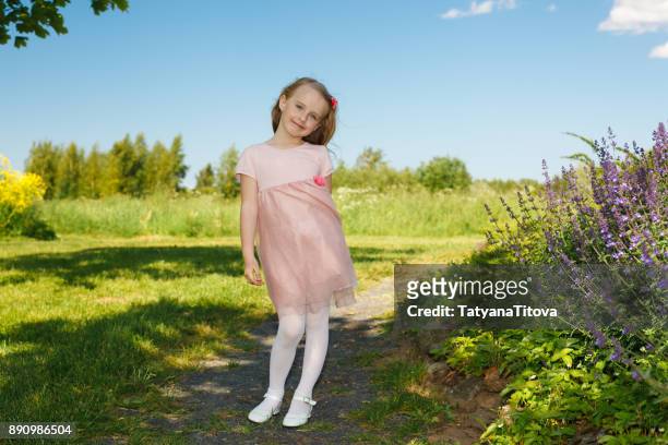 little girl with long hair in a white dress on a summer field with wildflowers - latvia girls stock pictures, royalty-free photos & images