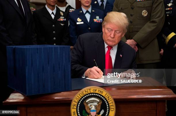 President Donald Trump signs H.R. 2810, National Defense Authorization Act for Fiscal Year 2018, during a signing ceremony in the Roosevelt Room at...