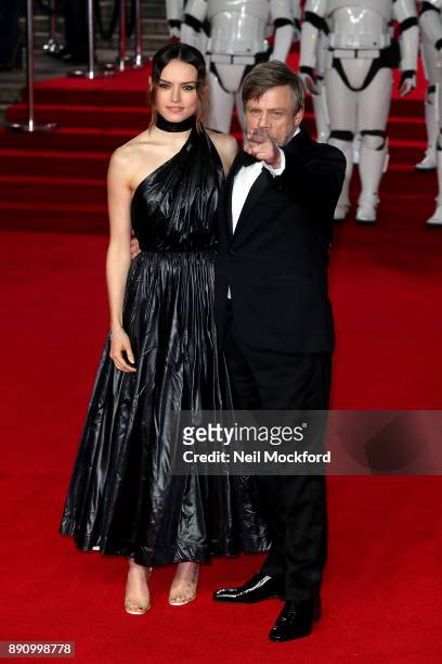 Actors Daisy Ridley and Mark Hamill attend the European Premiere of 'Star Wars: The Last Jedi' at Royal Albert Hall on December 12, 2017 in London,...