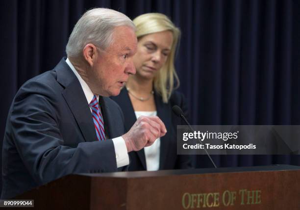 Attorney General Jeff Sessions and Homeland Security Secretary Kristjen Nielsen hold a news conference on immigration and efforts to contain violent...