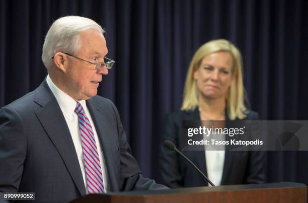 Attorney General Jeff Sessions and Homeland Security Secretary Kristjen Nielsen hold a news conference on immigration and efforts to contain violent...