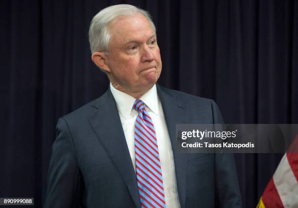 Attorney General Jeff Sessions attends a news conference on immigration and efforts to contain violent gangs like MS-13 that have spread from Latin...