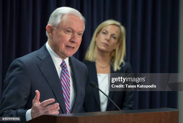 Attorney General Jeff Sessions and Homeland Security Secretary Kristjen Nielsen hold a news conference on immigration and efforts to contain violent...