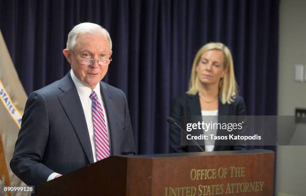 Attorney General Jeff Sessions and Homeland Security Secretary Kristjen Nielsen hold a news conference on immigration and efforts to contain violent...