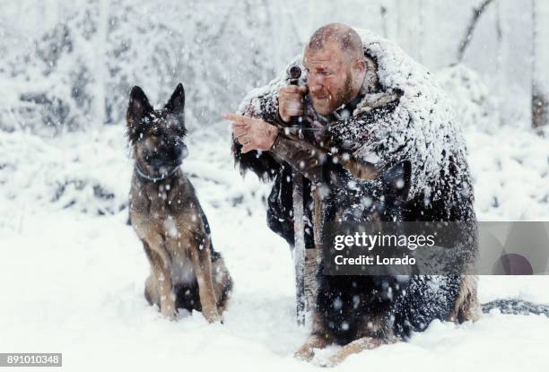 guerrier de viking sanglant dans une tempête de neige hiver avec des chiens de chasse - viking dog photos et images de collection