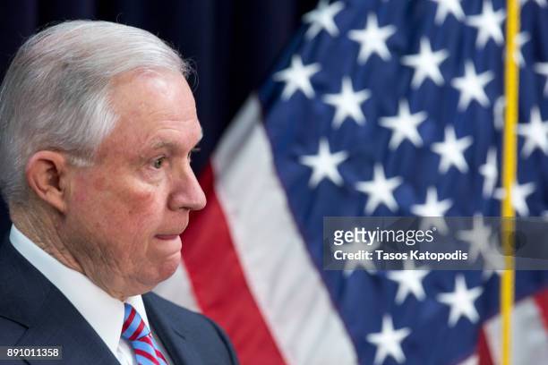 Attorney General Jeff Sessions attends a news conference on immigration and efforts to contain violent gangs like MS-13 that have spread from Latin...