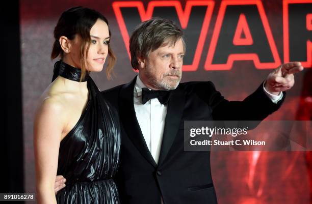 Actors Daisy Ridley and Mark Hamill attend the European Premiere of 'Star Wars: The Last Jedi' at Royal Albert Hall on December 12, 2017 in London,...