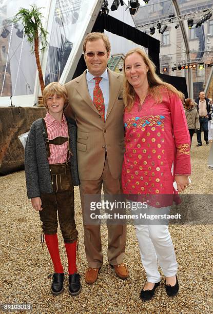 Earl Carl Alban von Schoenburg-Glauchau and his wife Juliet von Schoenburg-Glauchau and son Benedikt attend the Thurn and Taxis castle festival on...