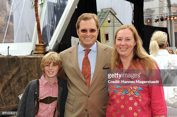 Earl Carl Alban von Schoenburg-Glauchau and his wife Juliet von Schoenburg-Glauchau and son Benedikt attend the Thurn and Taxis castle festival on...