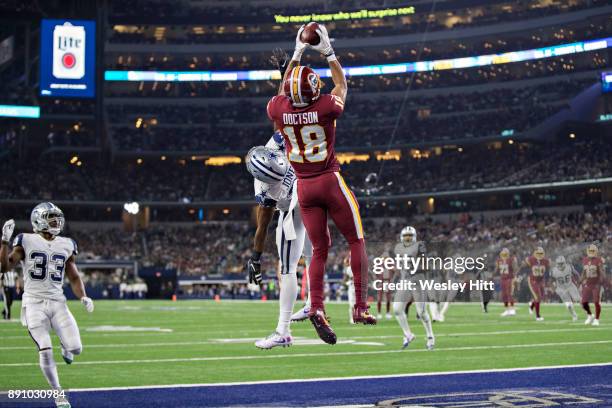 Josh Doctson of the Washington Redskins catches a touchdown pass in the end zone over Byron Jones of the Dallas Cowboys at AT&T Stadium on November...