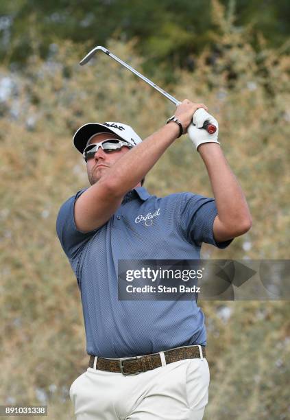 Ben Taylor plays a tee shot on the seventh hole during the final round of the Web.com Tour Qualifying Tournament at Whirlwind Golf Club on the...