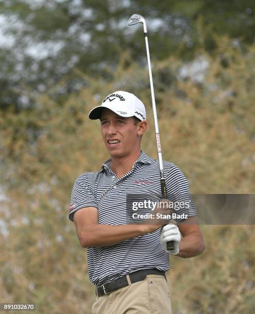 Vince India plays a tee shot on the seventh hole during the final round of the Web.com Tour Qualifying Tournament at Whirlwind Golf Club on the...