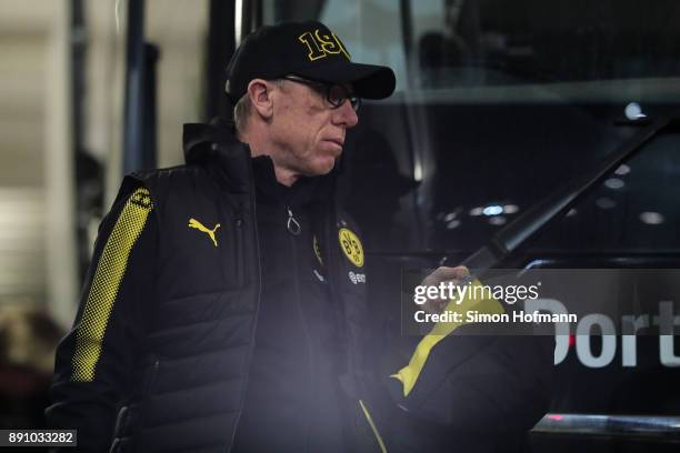 Head coach Peter Stoeger of Dortmund arrives prior the Bundesliga match between 1. FSV Mainz 05 and Borussia Dortmund at Opel Arena on December 12,...