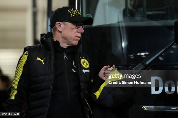 Head coach Peter Stoeger of Dortmund arrives prior the Bundesliga match between 1. FSV Mainz 05 and Borussia Dortmund at Opel Arena on December 12,...