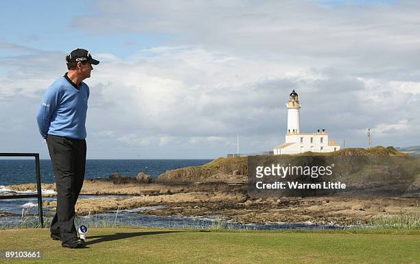 Tom Watson of USA waits to tee off on the 9th hole during the final round of the 138th Open Championship on the Ailsa Course, Turnberry Golf Club on...